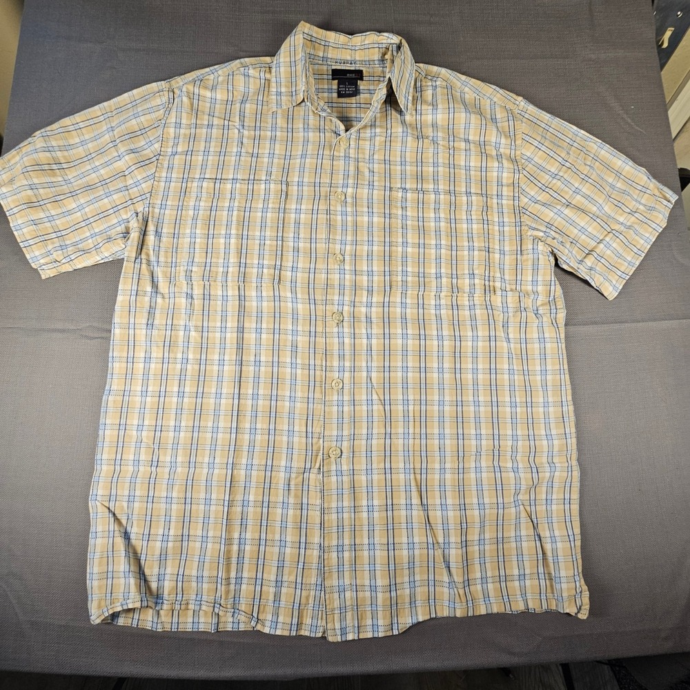 BKE‎ 67 Mens Short Sleeve Plaid Button Down Shirt Tan Blue Size Small